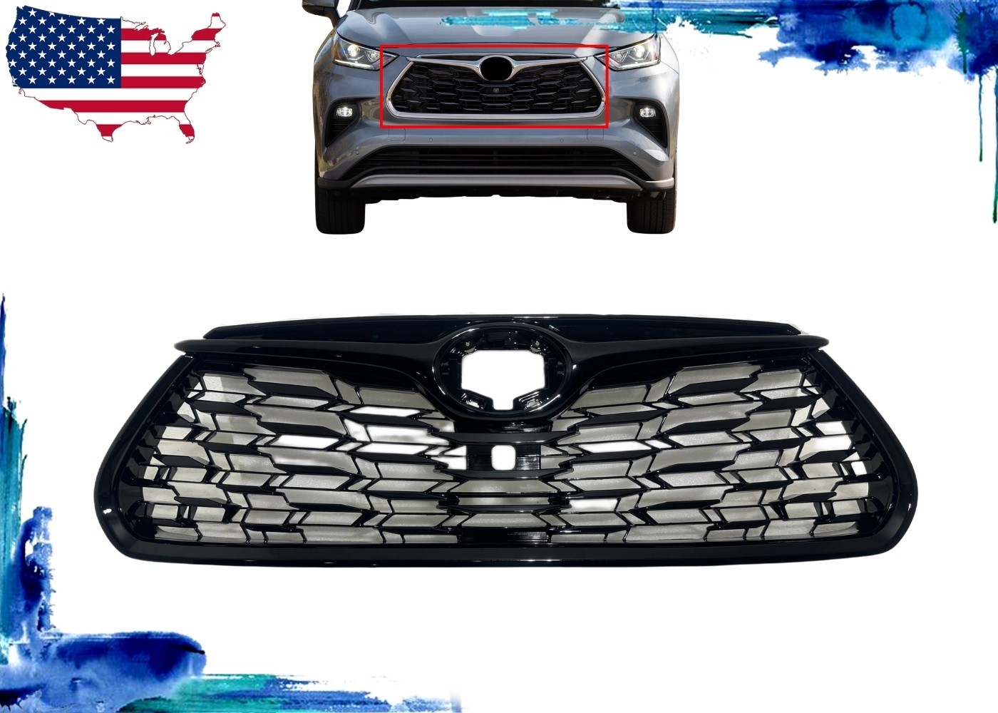 Fits 2020 2025 Toyota Highlander Front Bumper Upper Grille W Cam Opt Gloss Black