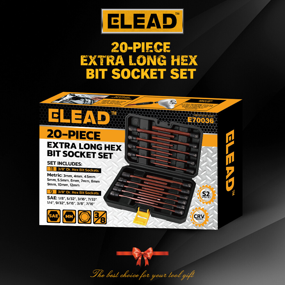 20Pcs 3/8inch Drive Long Hex Bit Socket Set SAE & Metric Allen Socket S2 Steel