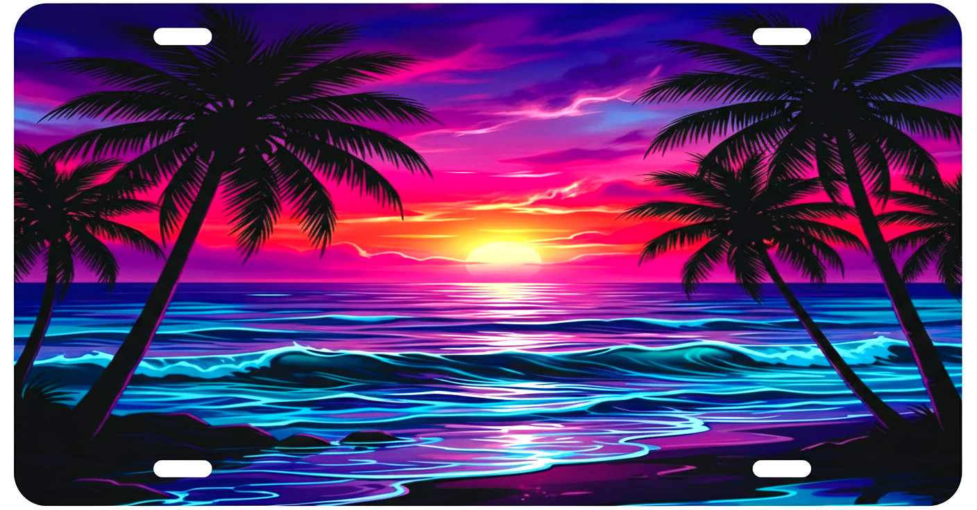 TROPICAL BEACH PALM TREES OCEAN WAVE SUNSET CAR NOVELTY LICENSE PLATE AUTO TAG