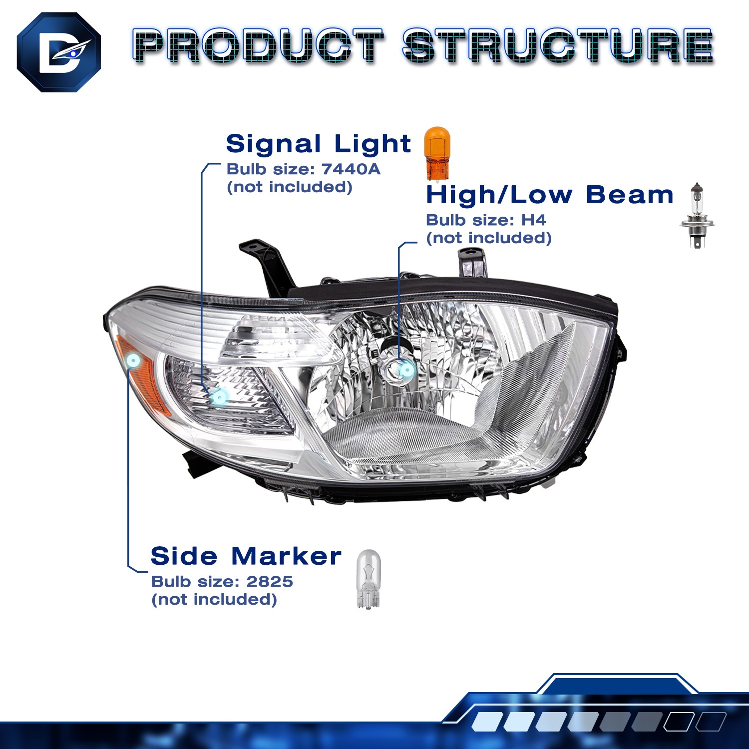 For 2008-2010 Toyota Highlander Halogen Chrome Housing Headlights Lamps Pair