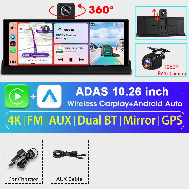 7″/10.26″ 4K ADAS Dash Cam Wireless Carplay Android Auto Car DVR GPS Navigation
