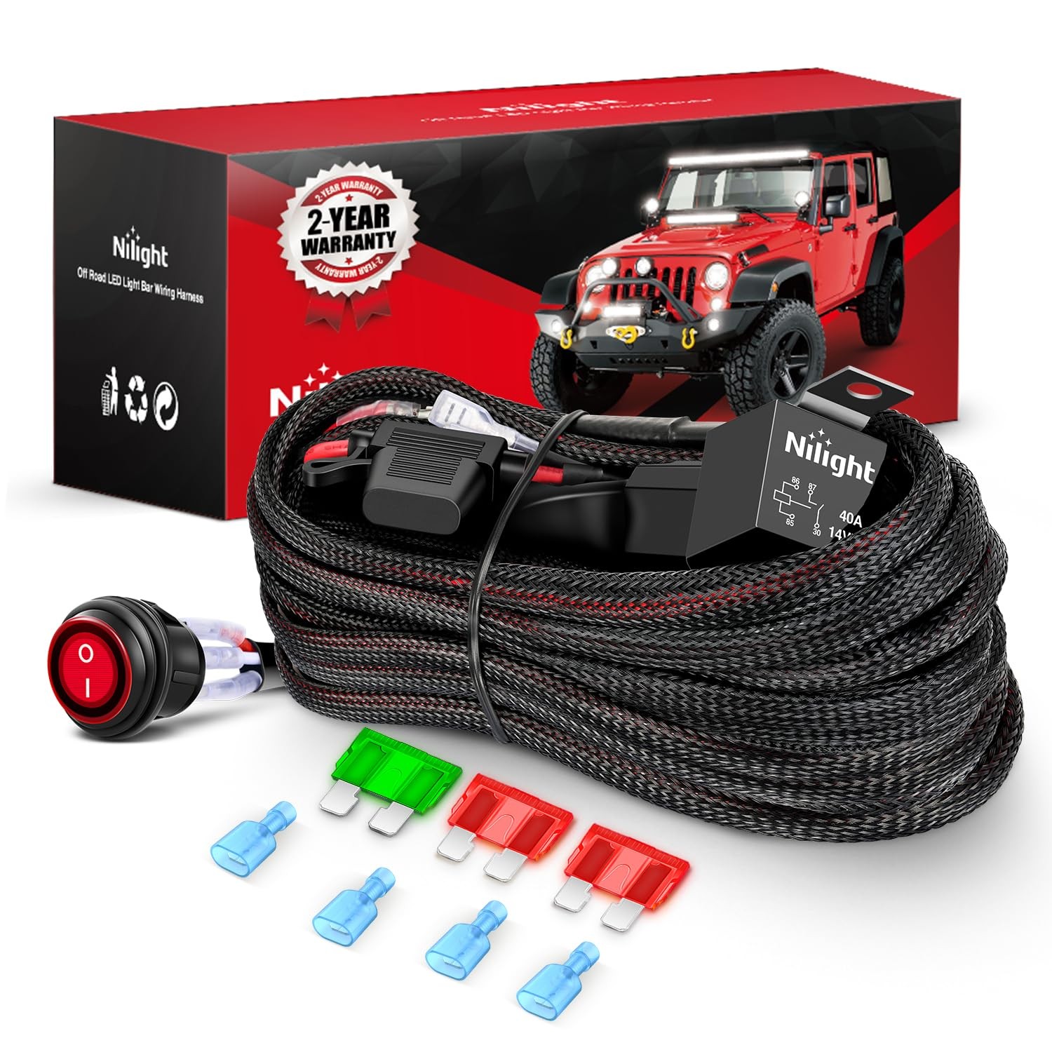 Nilight Wiring Harness Kit Nylon 12 AWG 2 Leads 12 V Switch for LED Light Bar