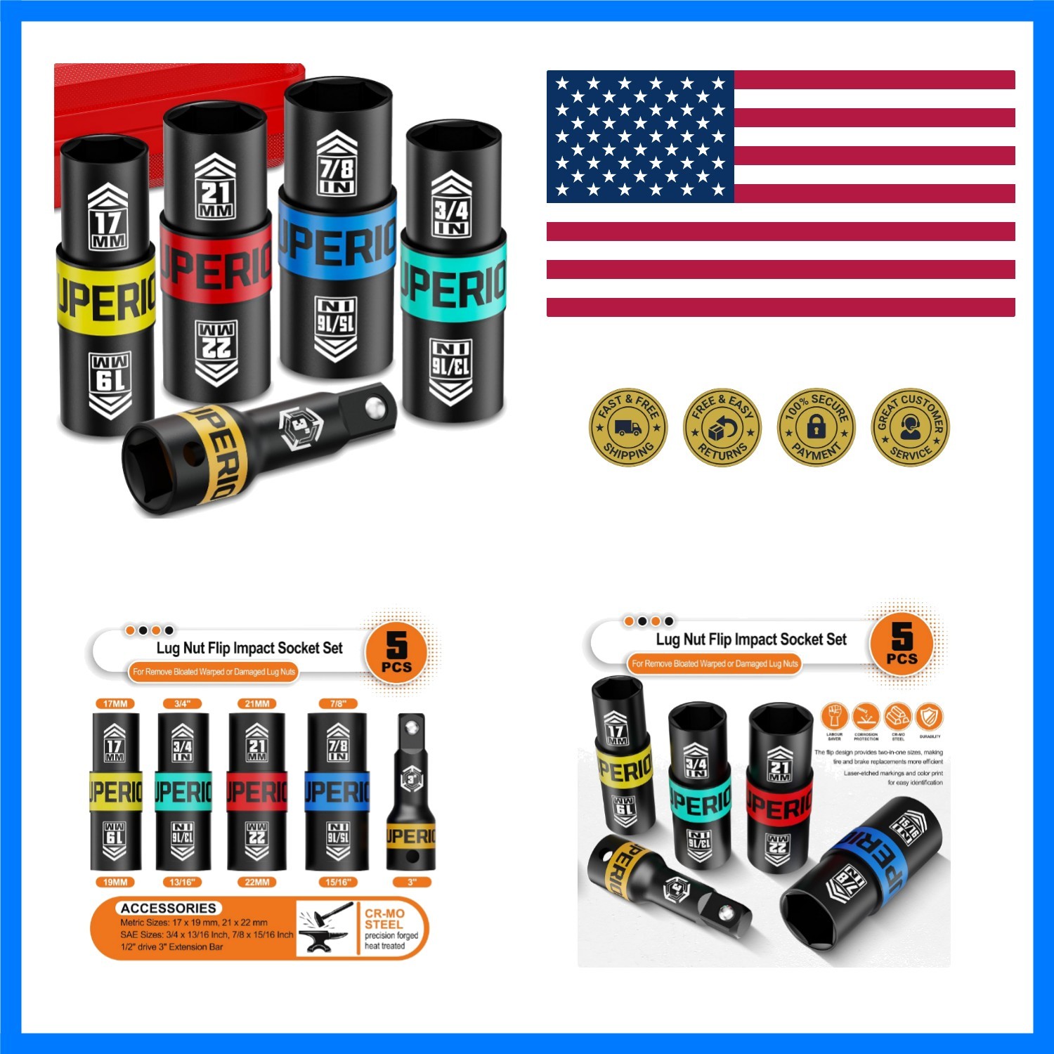1/2″ Drive Lug Nut Impact Socket Set, 5 Pcs Impact Sockets, Flip Socket Set, …