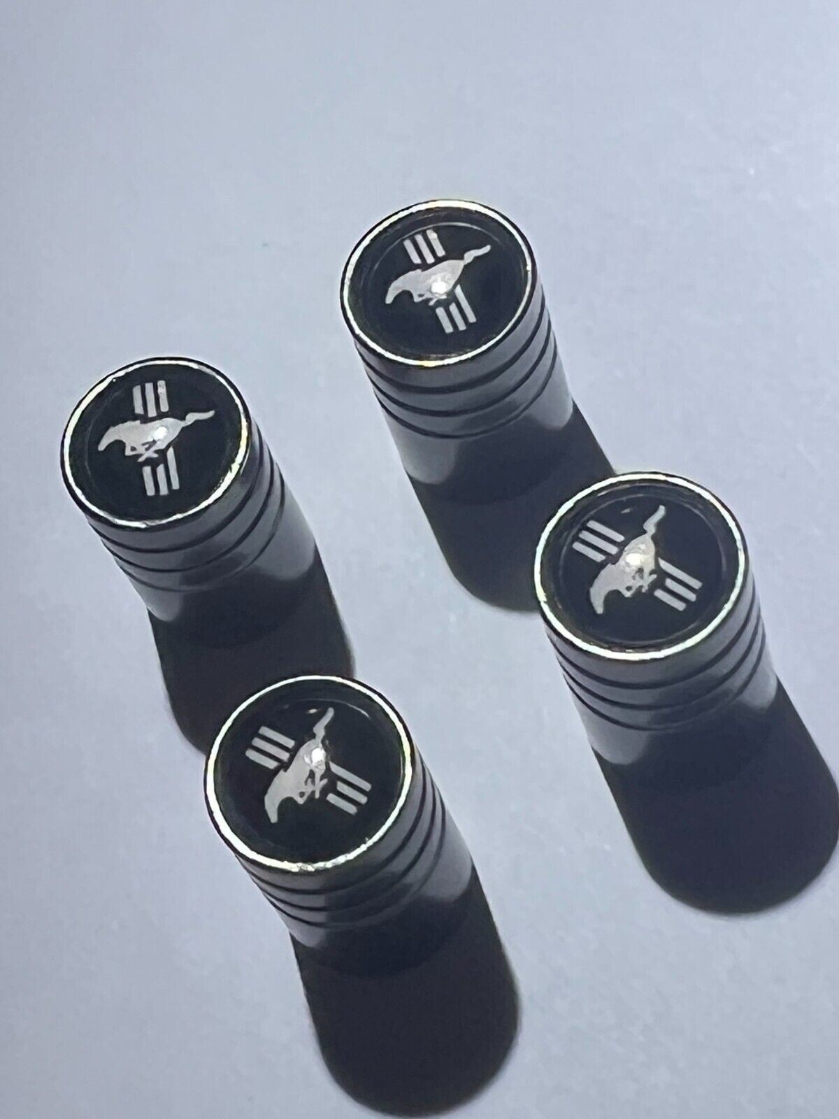 4 FORD MUSTANG Tire Valve Cap Air Valve Stem Cover (Metallic Black)