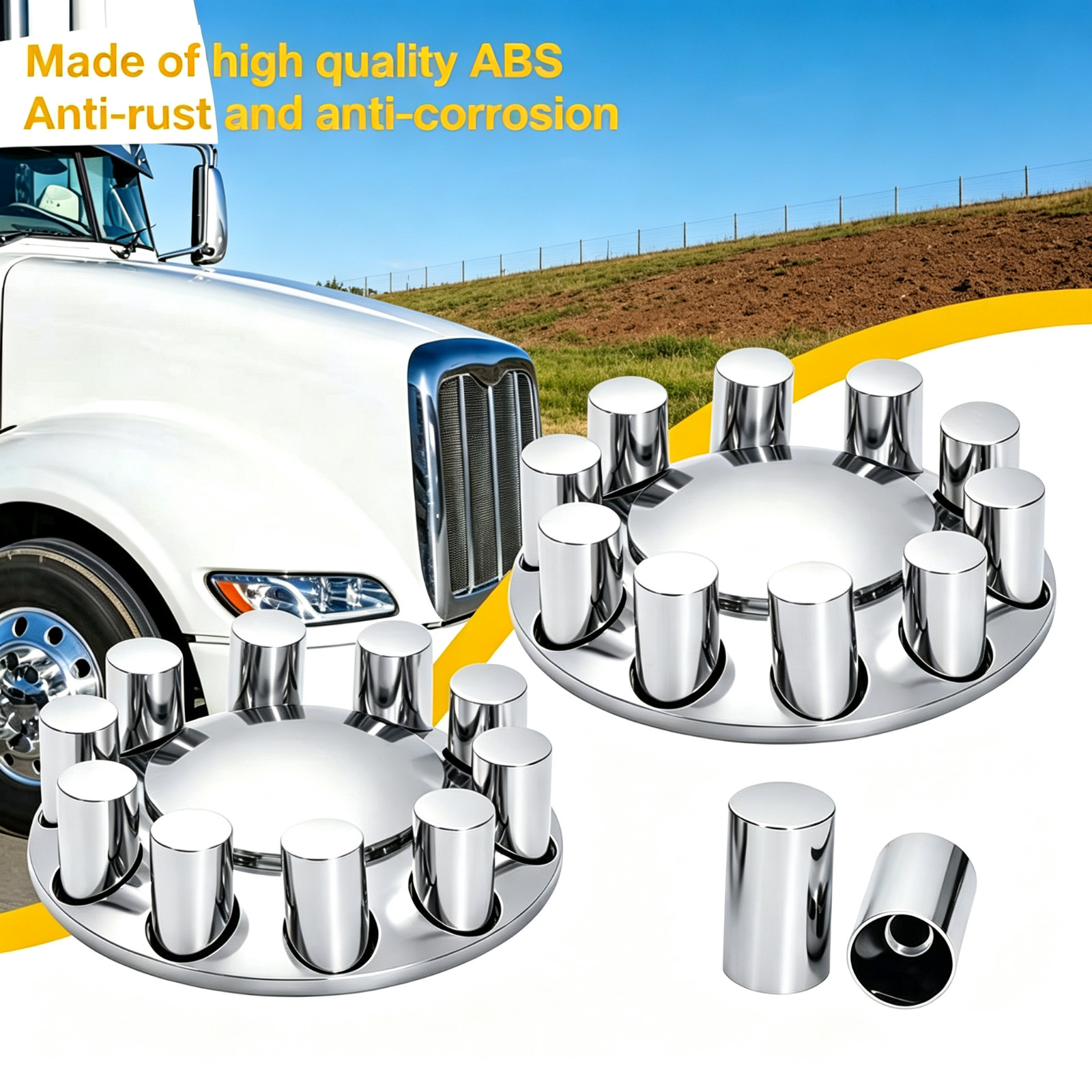 Front Axle Cover w/ 33mm Cylinder Lug Nut Chrome for Semi Truck 2pcs