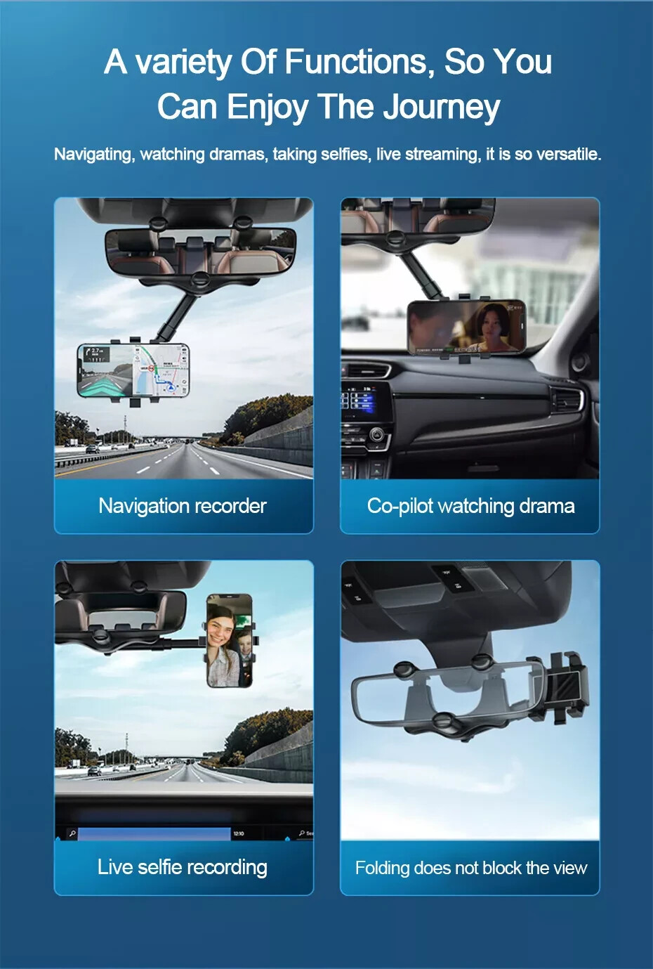 360° Car Rear View Mirror Mount Holder Stand for Apple iPhone Android Phone