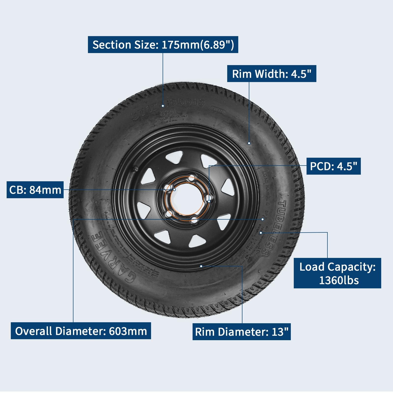 2-Pack Trailer Tire On 13″ Rim ST175/80D13 5 Lug on 4.5 in Load Range C 6PR