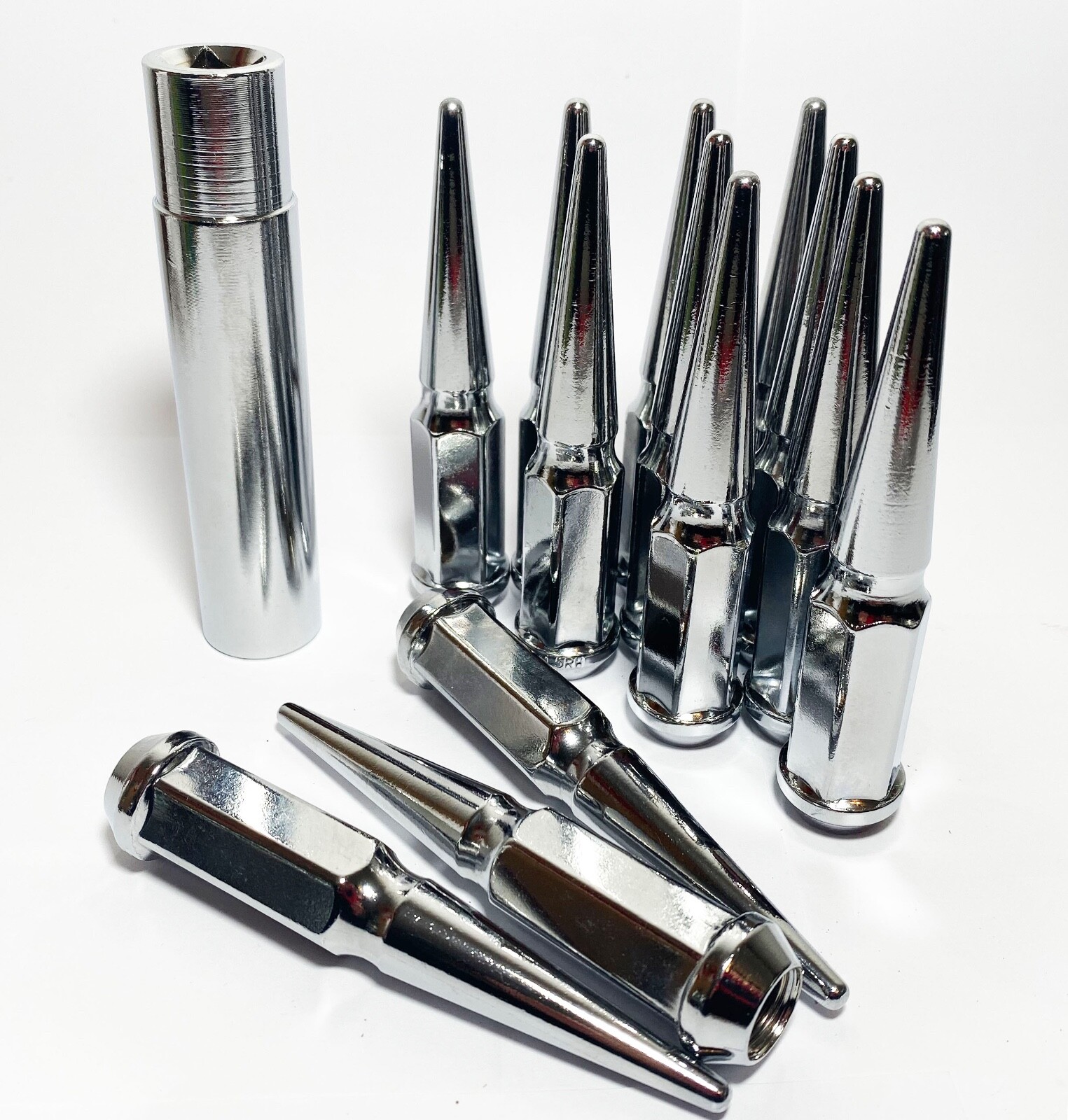 FIT RAM 2500 3500 8LUG 4.5″ SPIKE LUG NUT 14×1.5 CONICAL SEAT CHROME 32PC+KEY