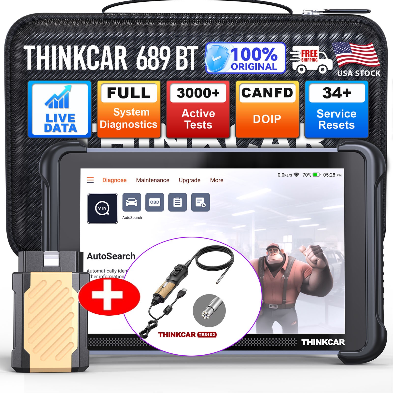 ThinkScan 689BT Car Diagnostic OBD2 Scanner Tool 34+Reset +ENDOSCOPE Videoscope