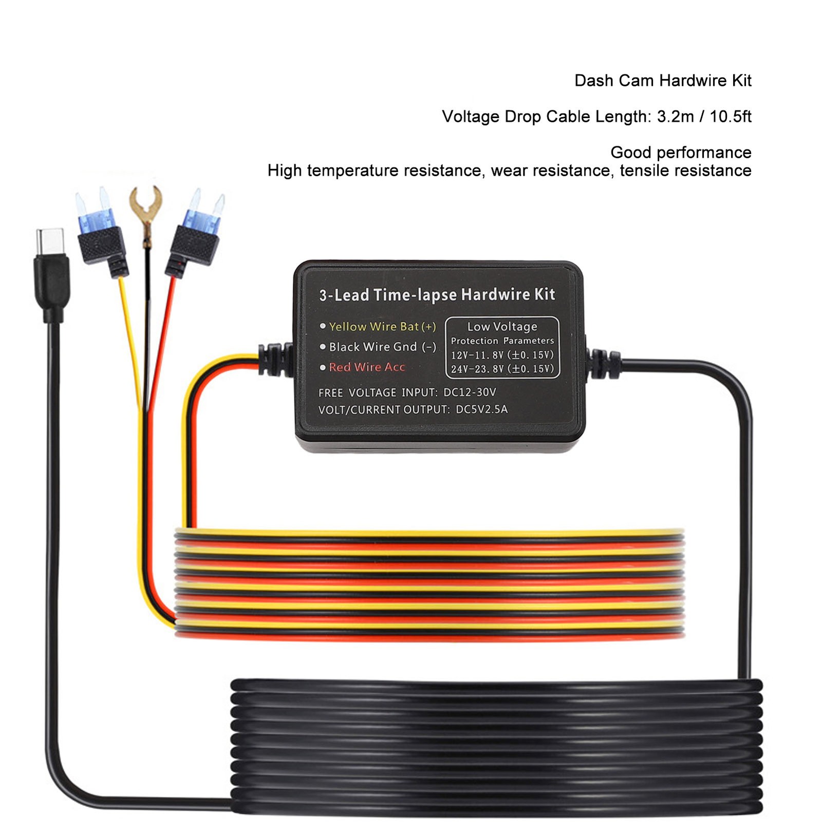 Type C Dash Cam Hard Wire 12V-30V To 5V Dash Camera Power Cord For Power Supply