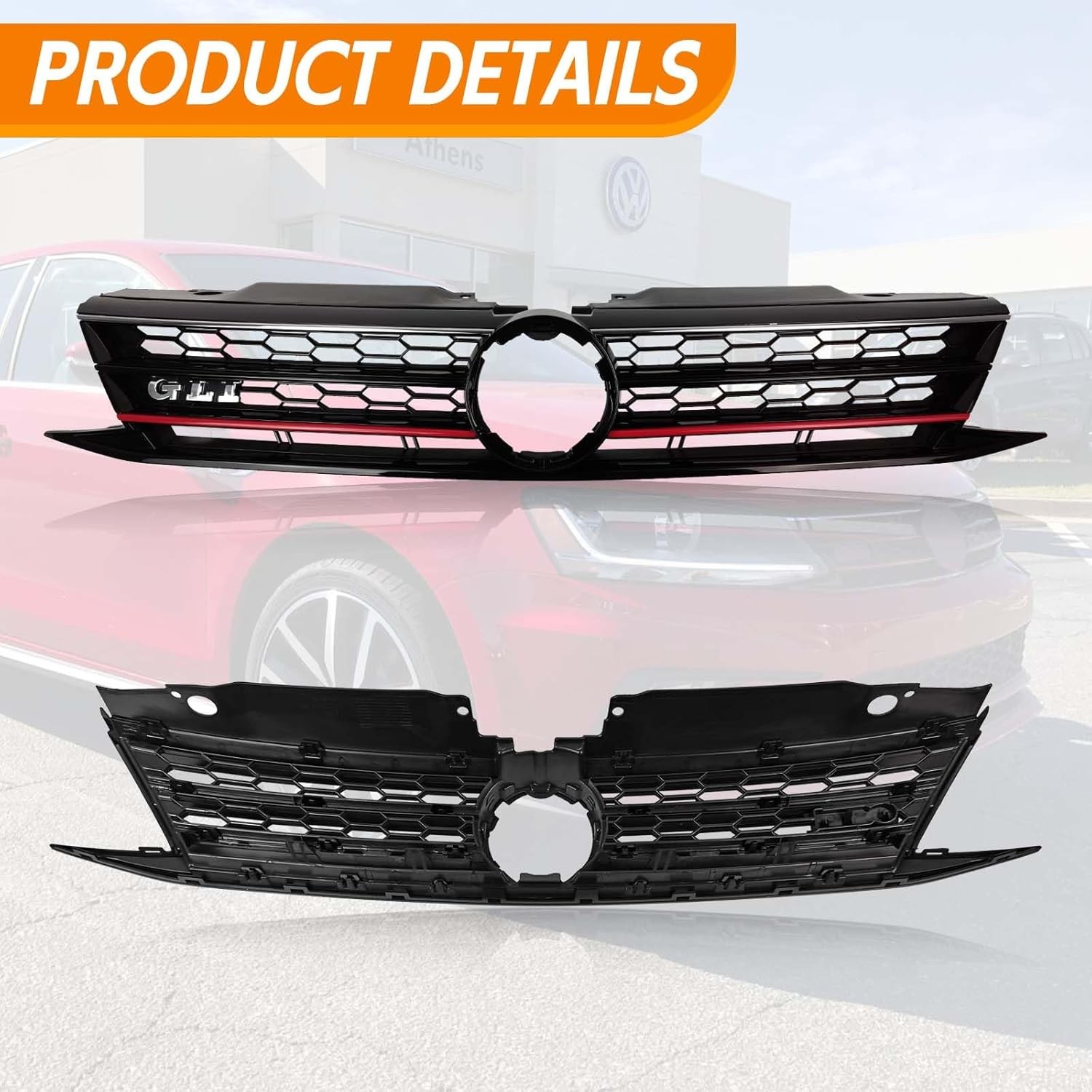 YLT AUTO Fit 2015-2018 For Volkswagen Jetta, Honeycomb Red Trim grille