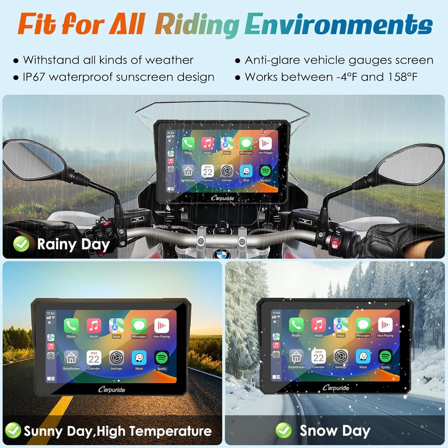 Carpuride W702B Wireless Carplay Android Auto Waterproof Screen GPS For BMW Moto