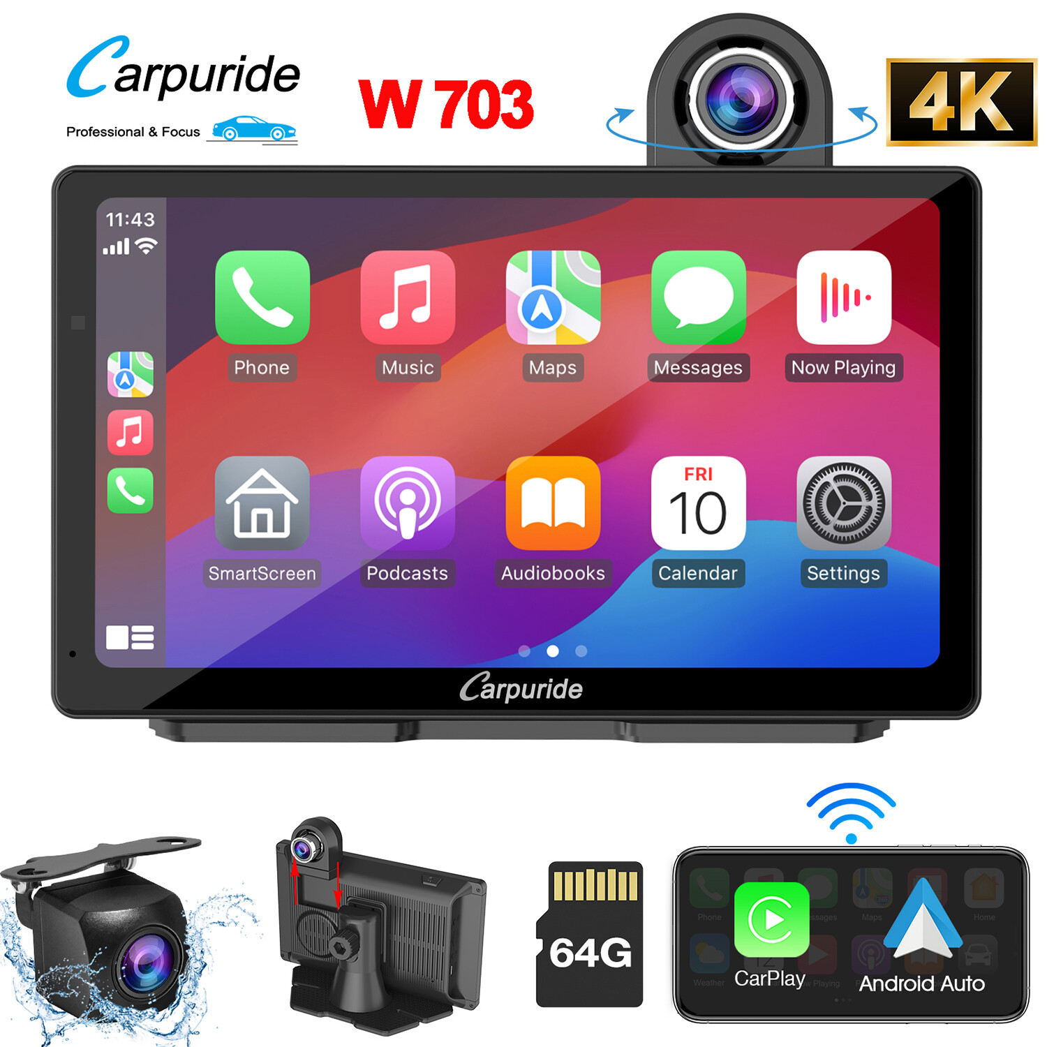 Carpuride W703 Wireless Carplay Android Auto 4K Front Camera Super Link Stereo