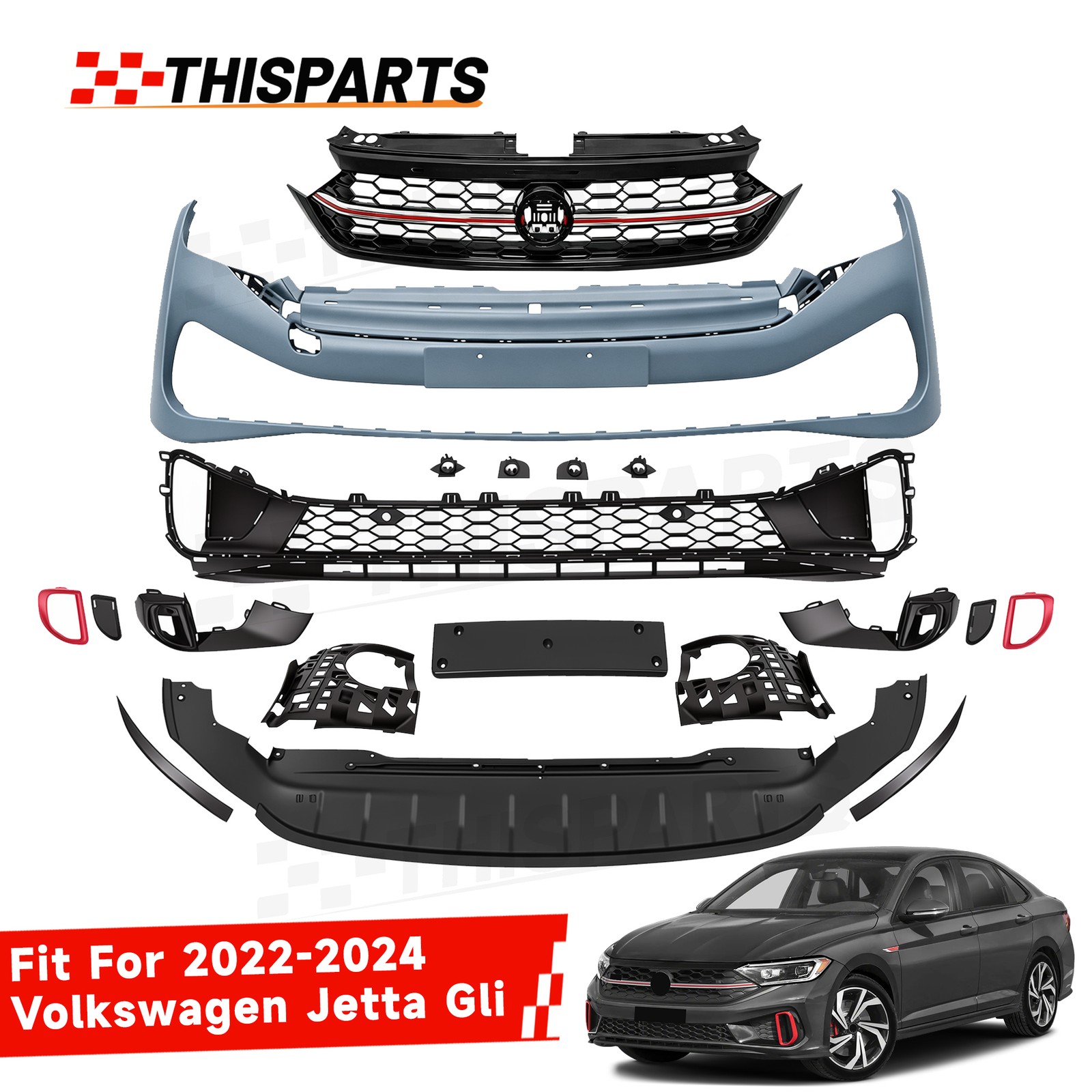 For 2022 2023 2024 Volkswagen VW Jetta GLI Front Bumper Grill Fog Light Black