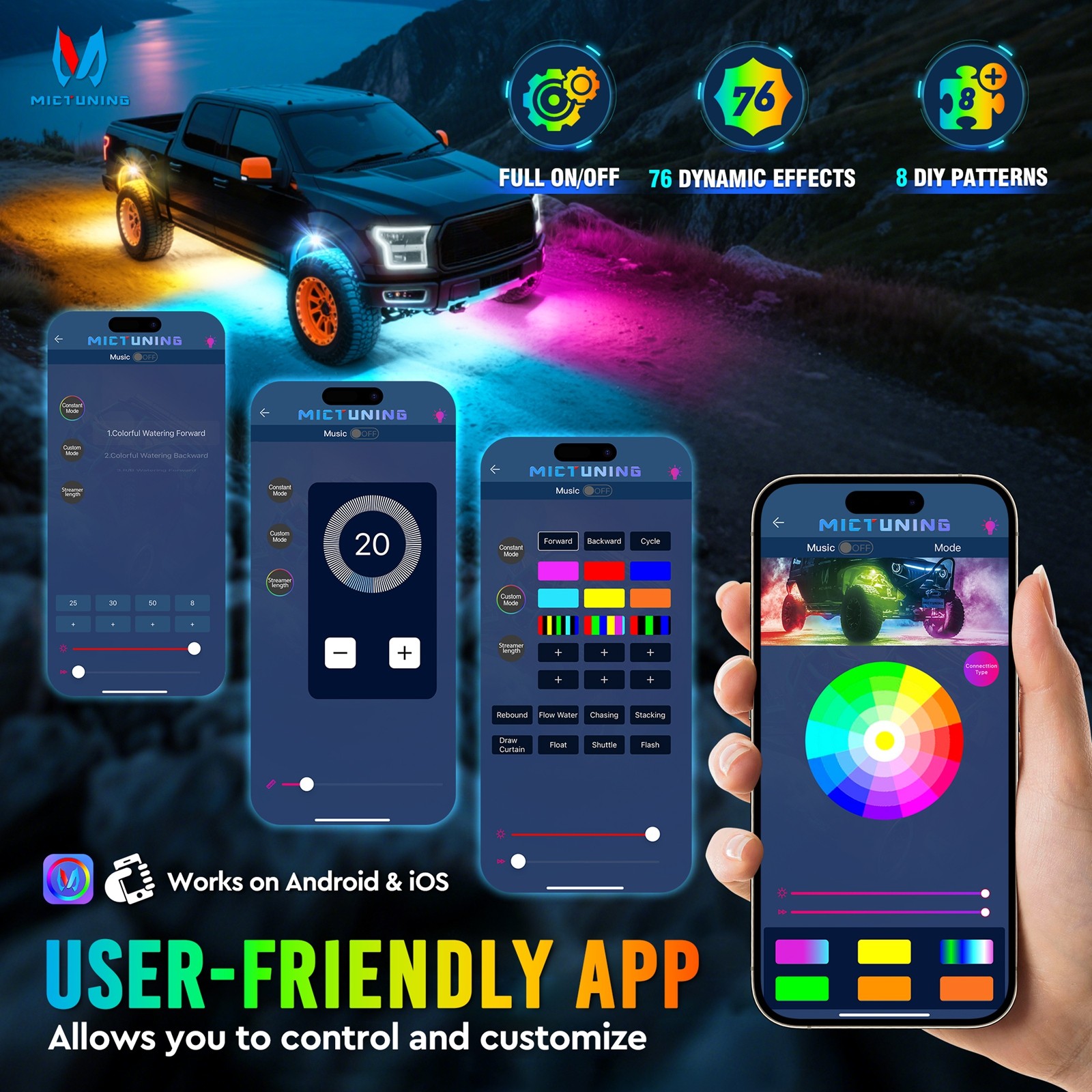 Q1 Max RGB+IC Rock Lights Chasing Dream Color – 16 Pods Underglow Lighting Kit