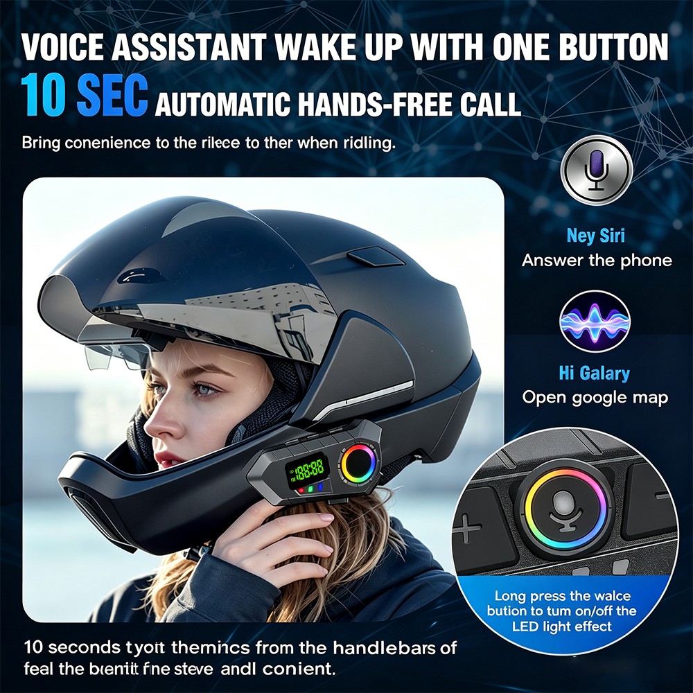Motorcycle Helmet Bluetooth Headset 6.0 Speakers FM Waterproof Hands-Free Mic