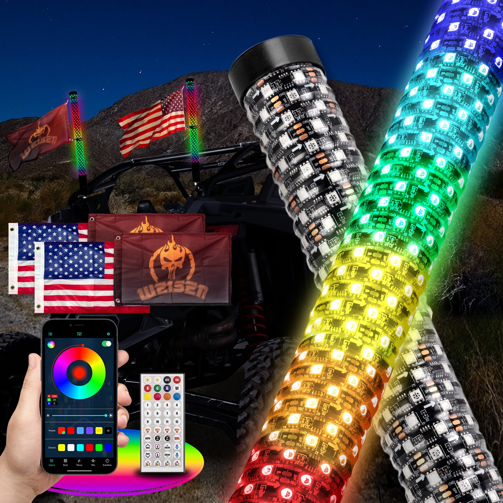 2x 3FT Fat Whips 2.0in Thick Spiral Chasing RGB Whip Lights For ATV UTV Off-Road