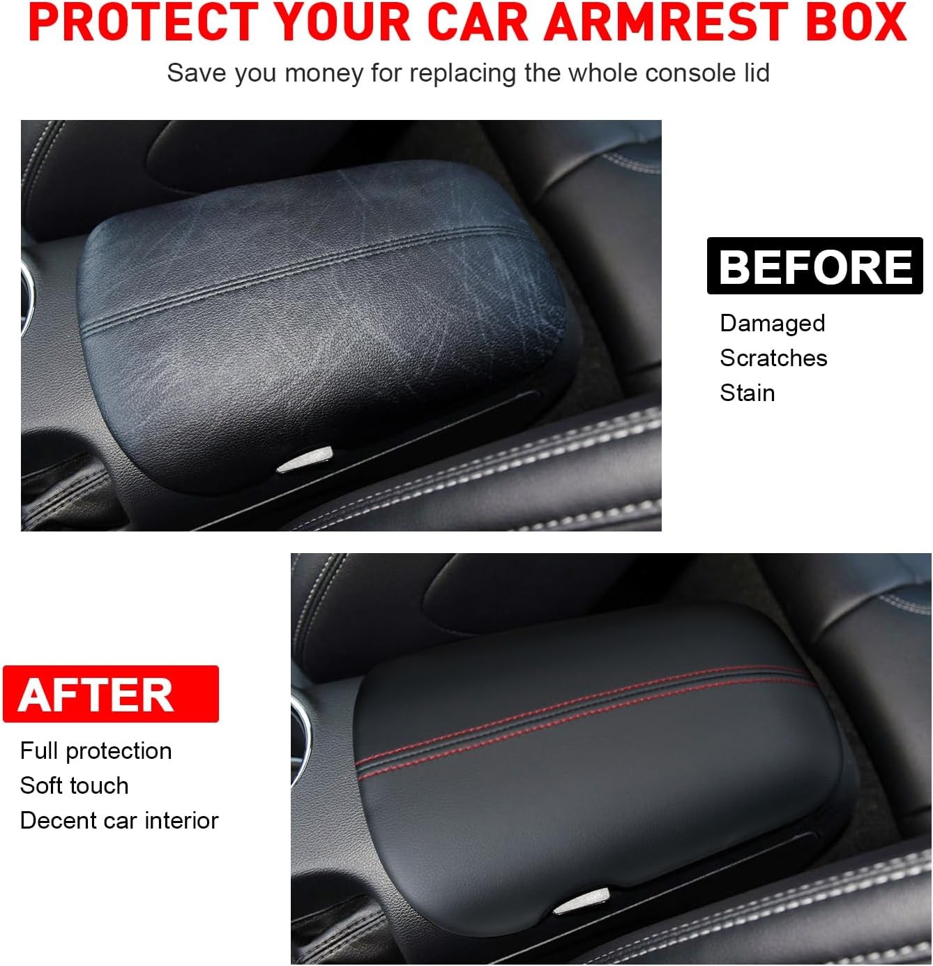 Center Console Armrest Cover for Ford Mustang 2015-2026 Customized Leather Red S