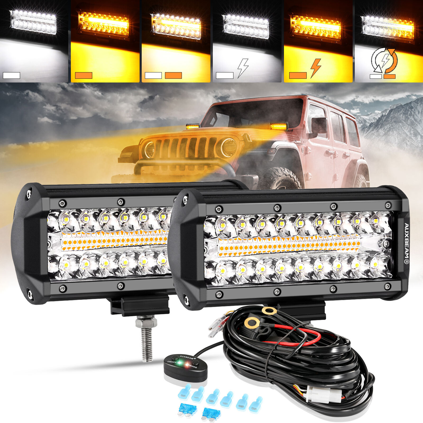 Auxbeam 7In LED Light Bar 6 Modes Amber White Lights Spot Flood Strobe Lighting