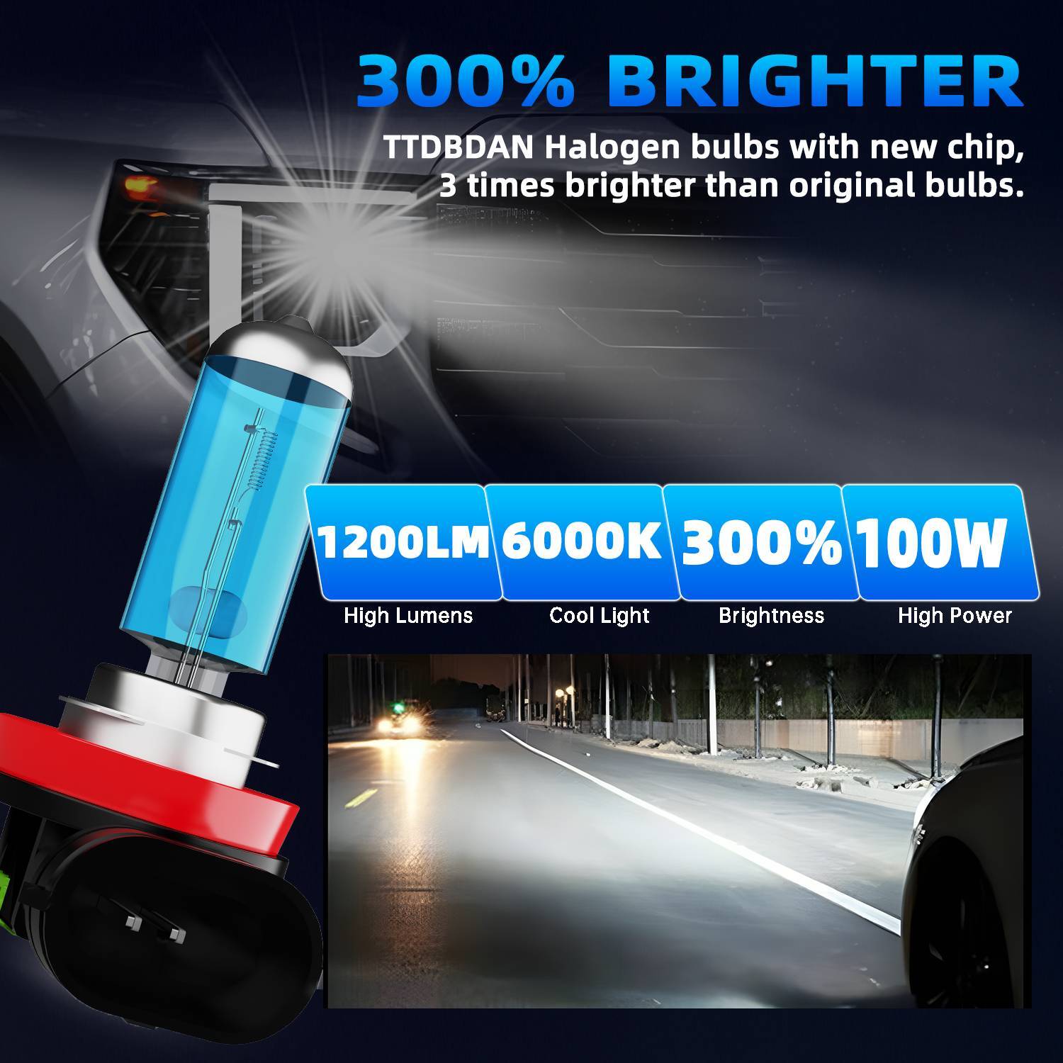 H11 Halogen Headlight Super Bright Bulbs Kit White 6000K High/Low Beam 2PCS