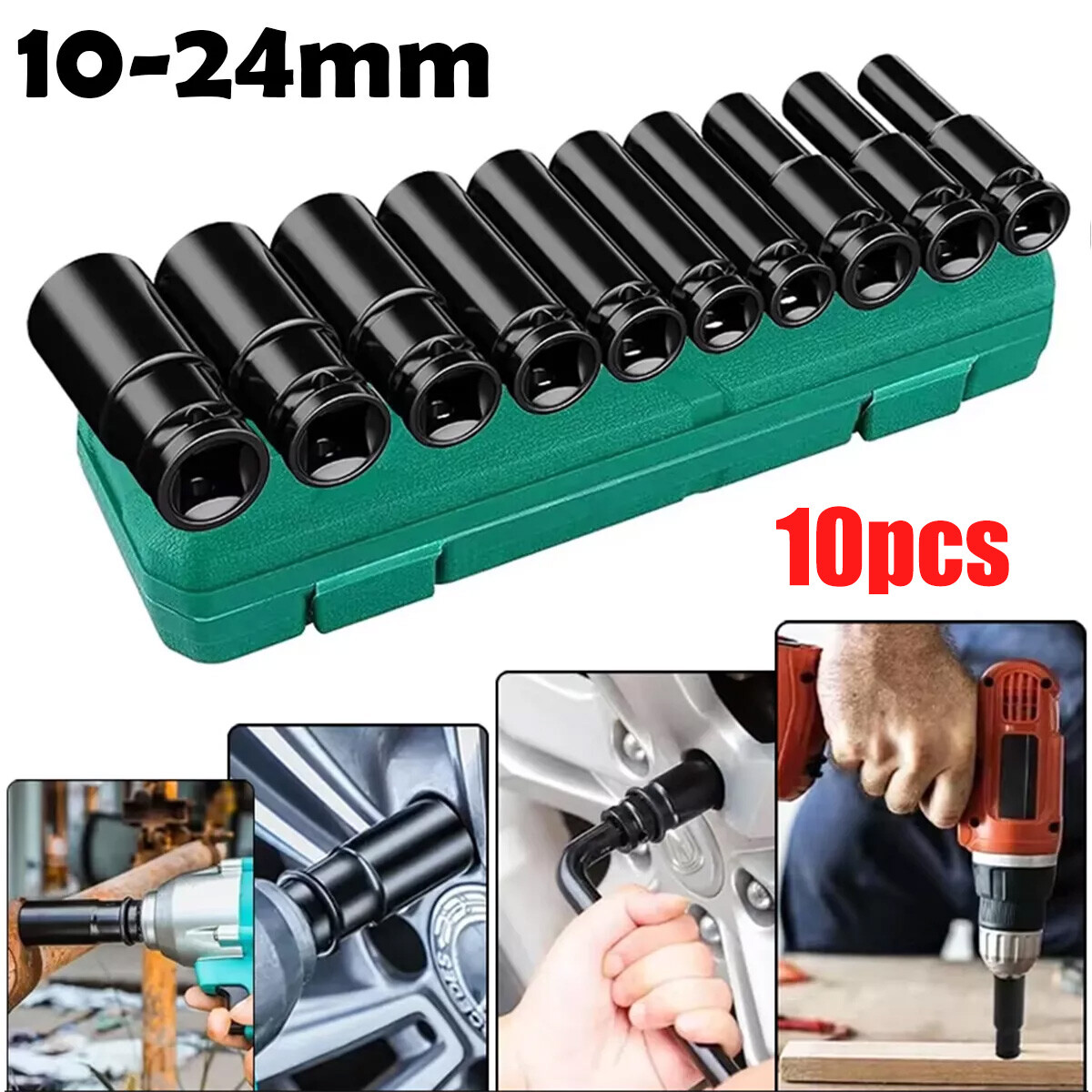 10pcs Metric Deep Impact Socket 1/2″ Drive 10mm-24mm 6 Point Sockets w/ Case Set