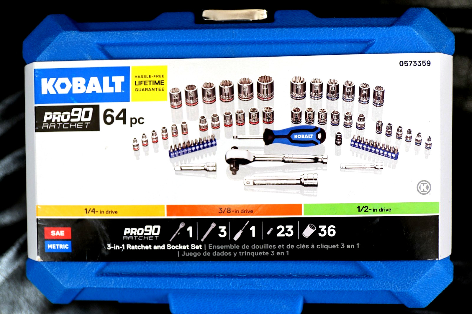 KOBALT 0573359 3-in-1 Ratchet & Socket 64 Pc. Set SAE & MM Polished Chrome NEW