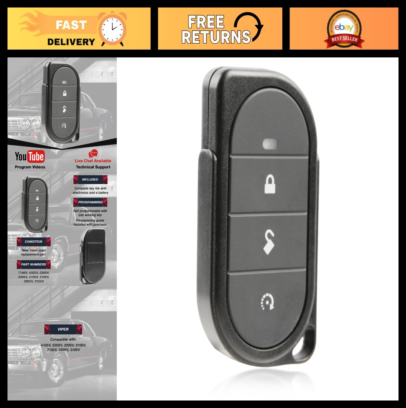 Keyless Entry Remote Car Key Fob 4-Button Replacement for Viper Alarm Systems