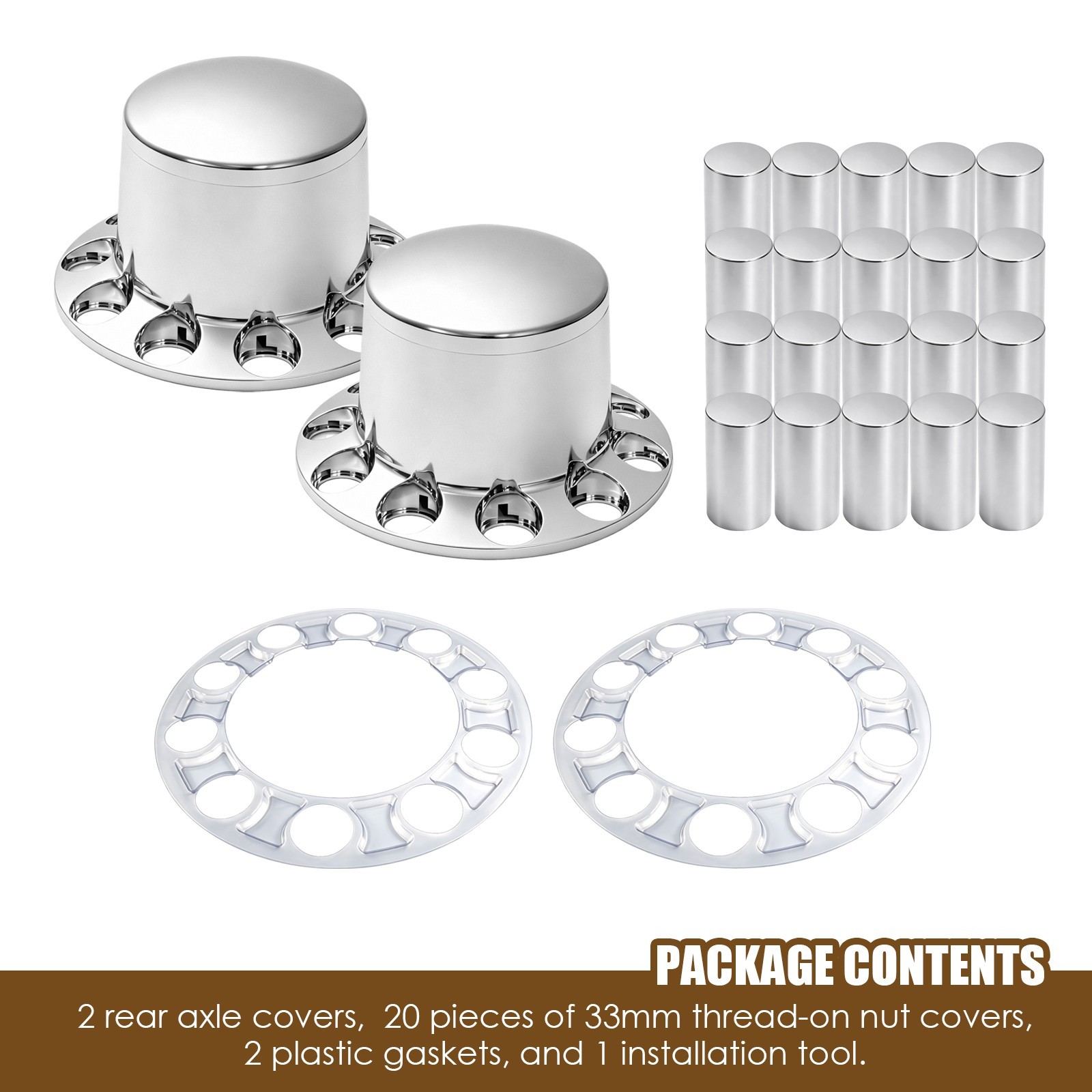 2pcs Chrome Standard Semi‑Truck Rear Axle Cover Cylinder Lug Nut Covers
