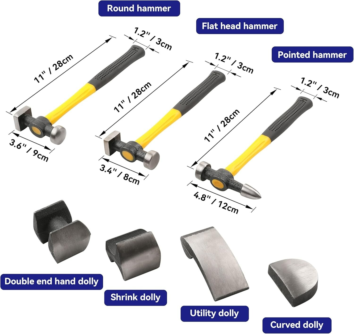 HFS(R) 7 PC Auto Body Fender Repair Tool Hammer & Dolly Set