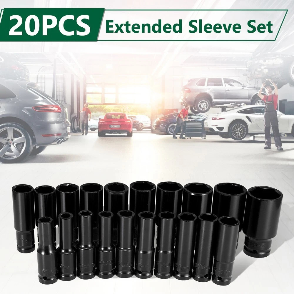 20PCS 1/2”Deep Impact Sockets Set Drive Metric 8mm-32mm Deep 6-Point Set w/case