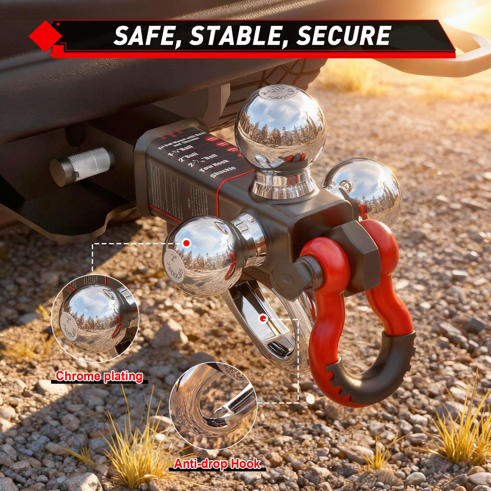Tri Ball Hitch Trailer Mount w/ Lock, Tow Hook & Clevis Shackle Fits 2″ Receiver