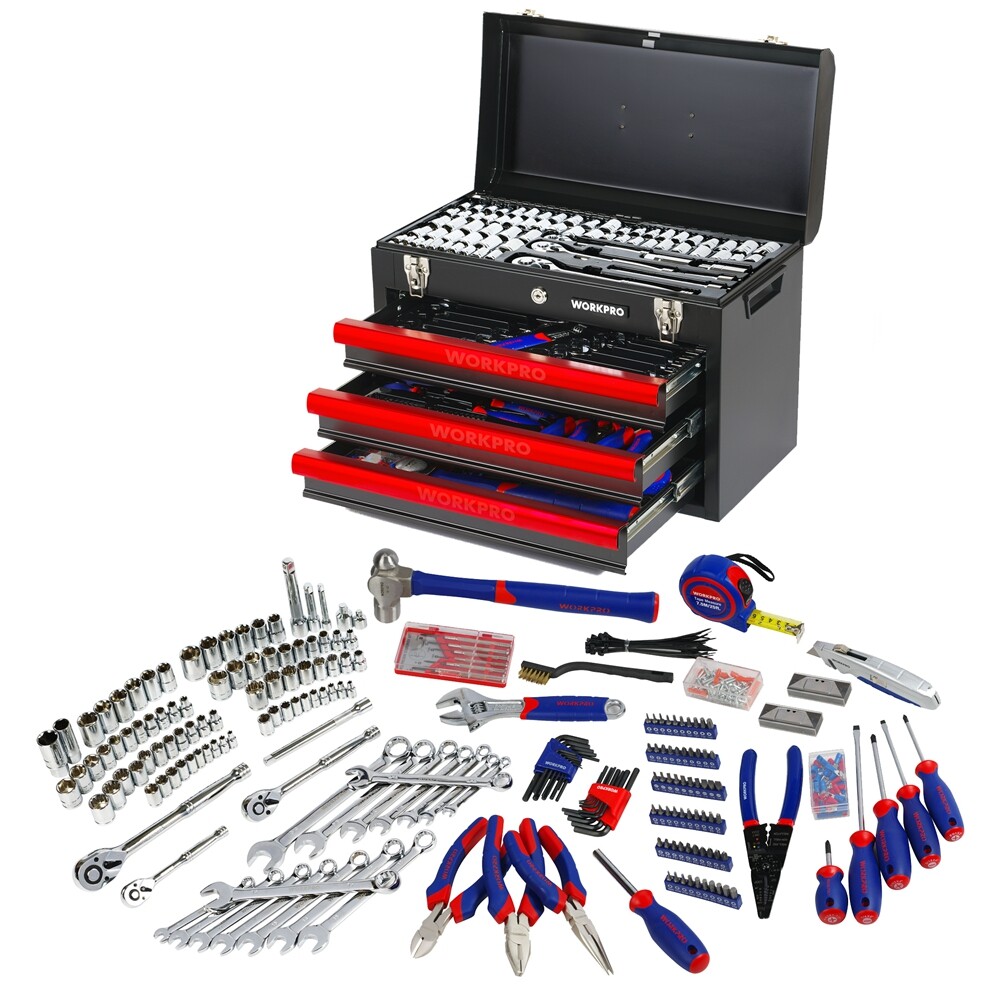 WORKPRO 408PCS Mechanics Tool Set 3Drawer Home Repair Tool Kit Hand Tool Kit Set