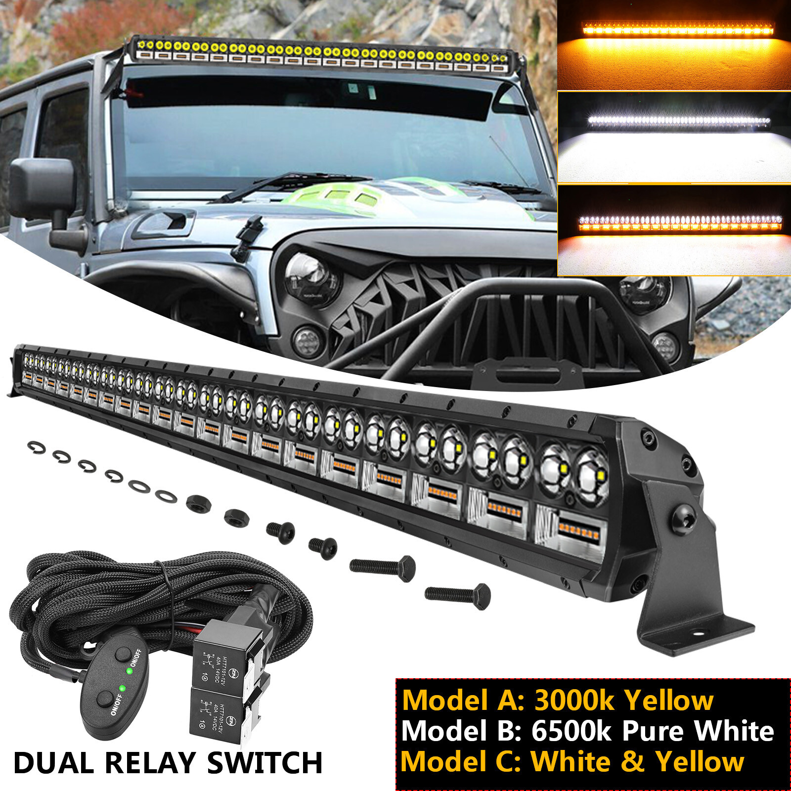 40″ PRO LED Light Bar WHITE YELLOW Offroad Driving 4WD 42″ W/ Dual Switch Wiring