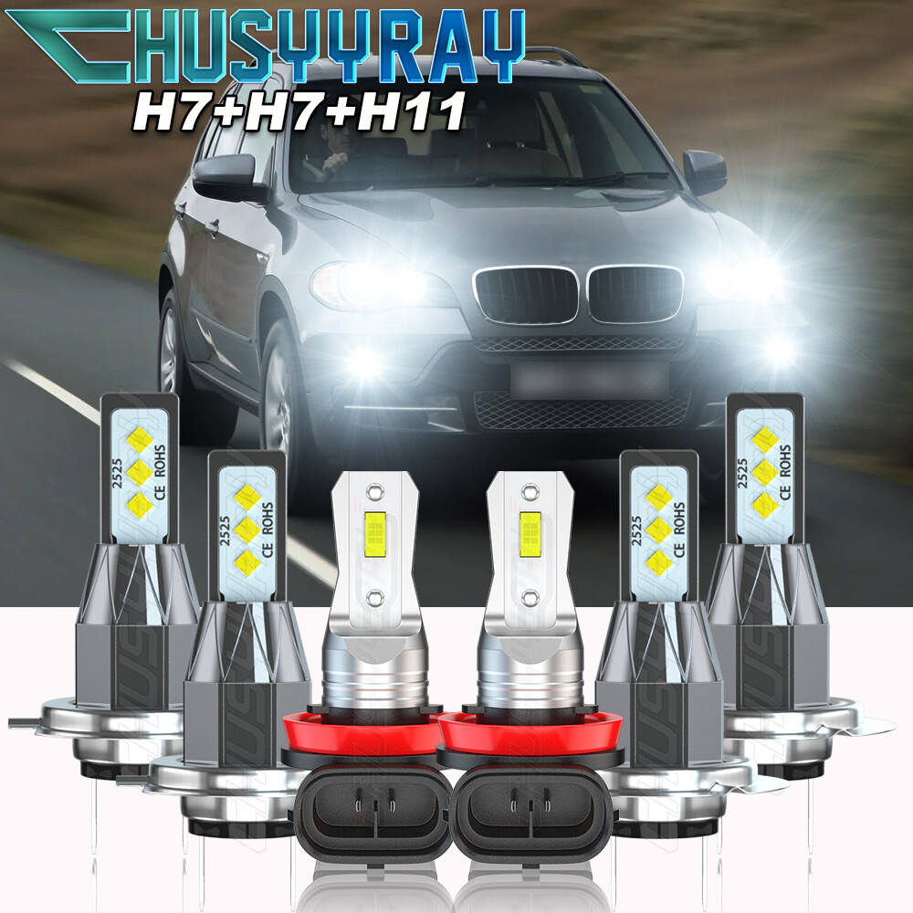 For BMW X5 2007-2013 6x Bulbs H7&H1 LED Headlight 6000K High Low Beam Fog Light