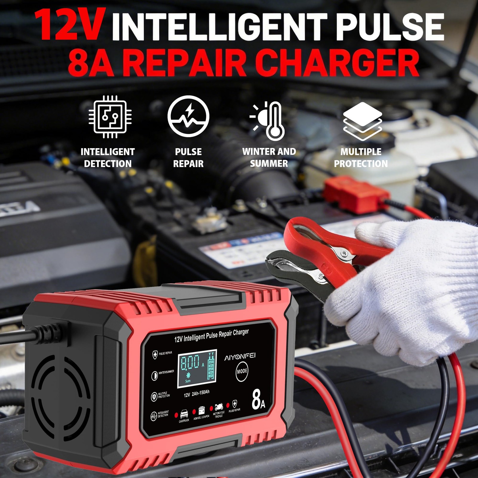 AIYONFEI 12V Battery Charger 8-Amp Smart Trickle Charger, Red