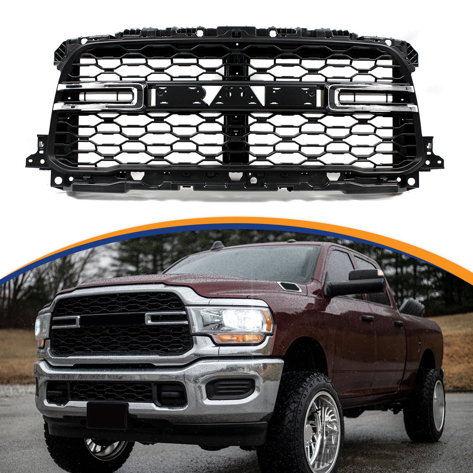 Matte Black & Chrome Front Bumper Grille Grill Fit For 2019-2024 RAM 2500 3500