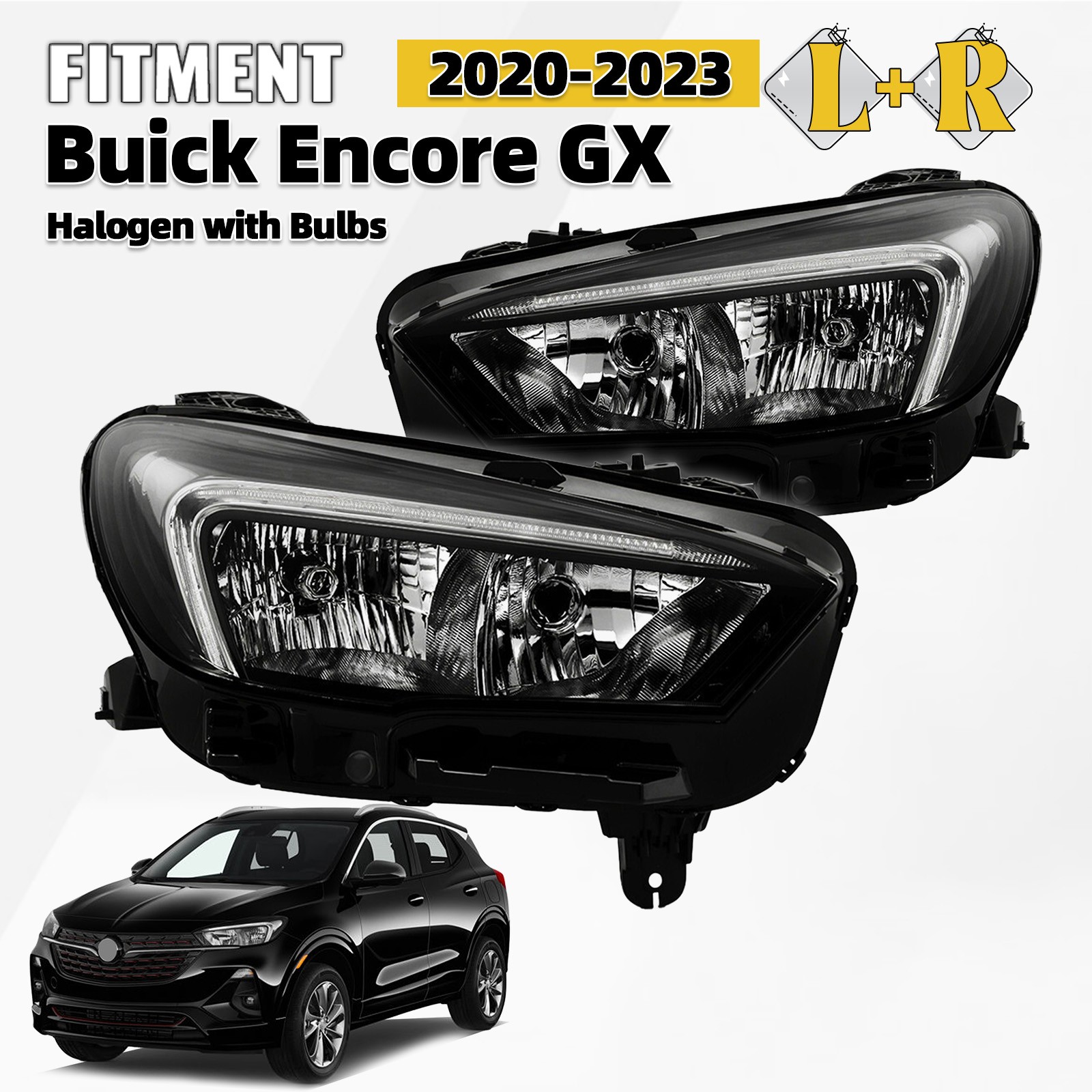Halogen Headlight For 2020-2023 Buick Encore GX w/LED DRL w/Bulb Left+Right Pair