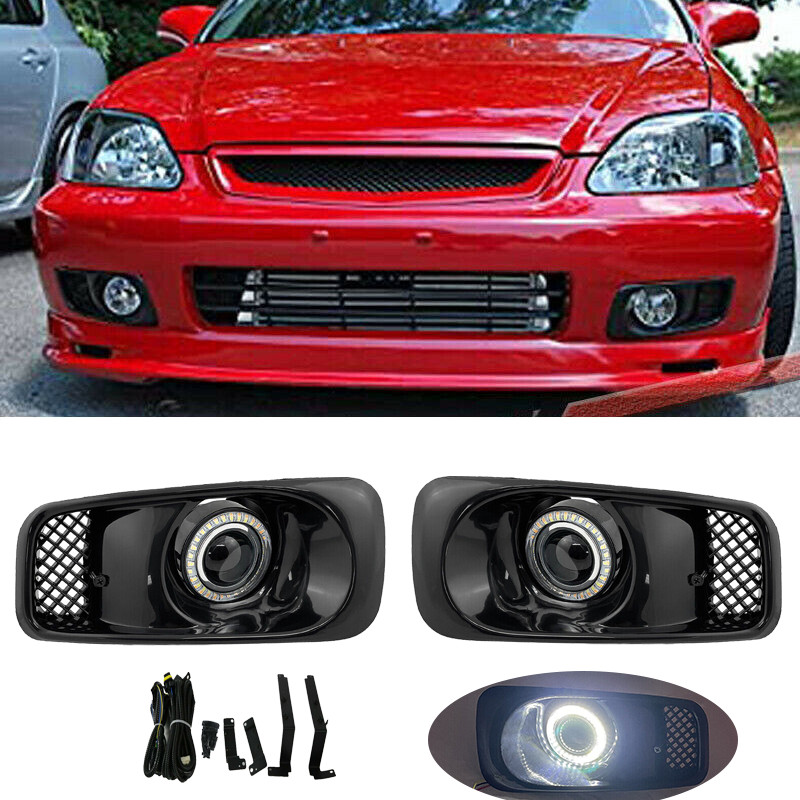 For 1999-2000 Honda Civic Clear Lens LED Halo Projector Fog Light Lamps DRL pair