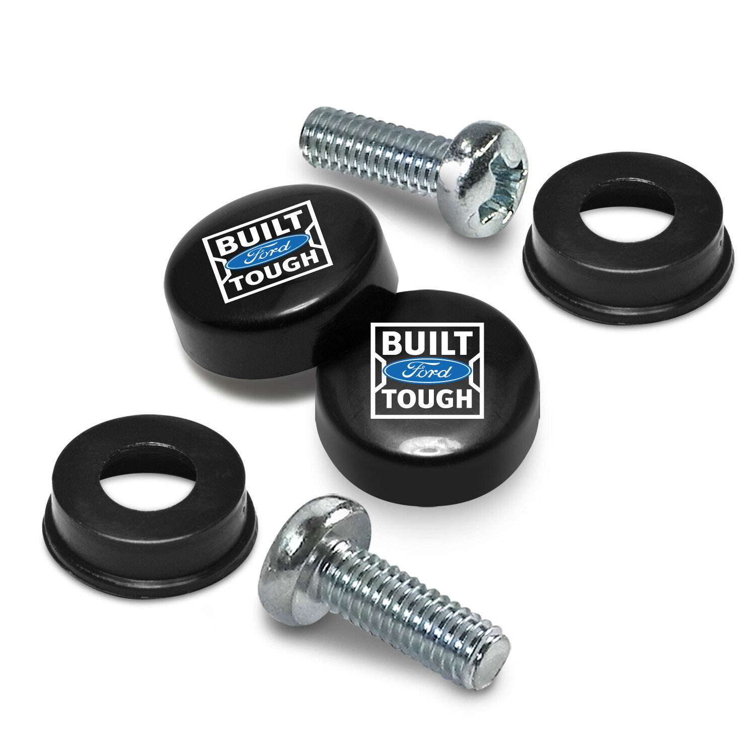 Ford Built-Ford-Tough on Black ABS Plastic License Plate Frame Screw Covers