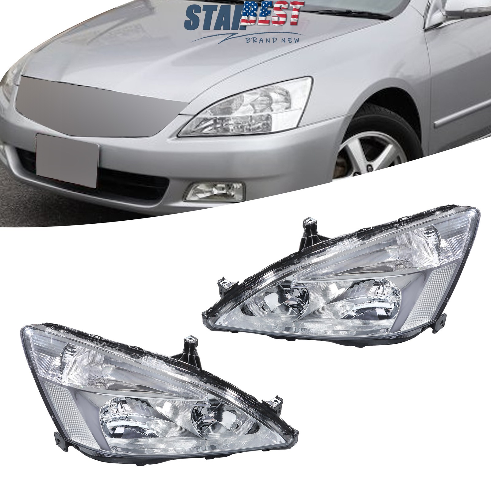 Headlight Assembly Halogen Left+Right Chrome Housing For Honda Accord 2003-2007