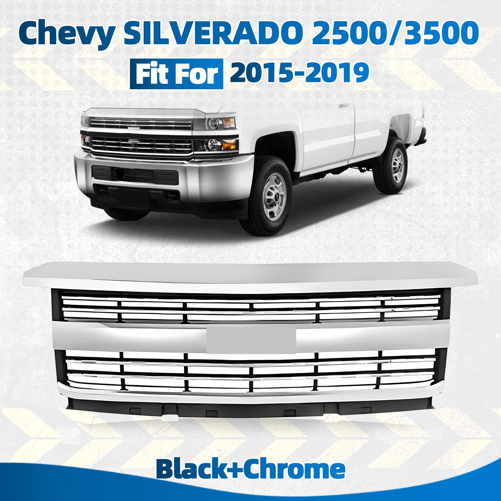 Front Upper Grille Assembly For 2015-2019 Chevy Silverado 2500 HD 3500HD Chrome