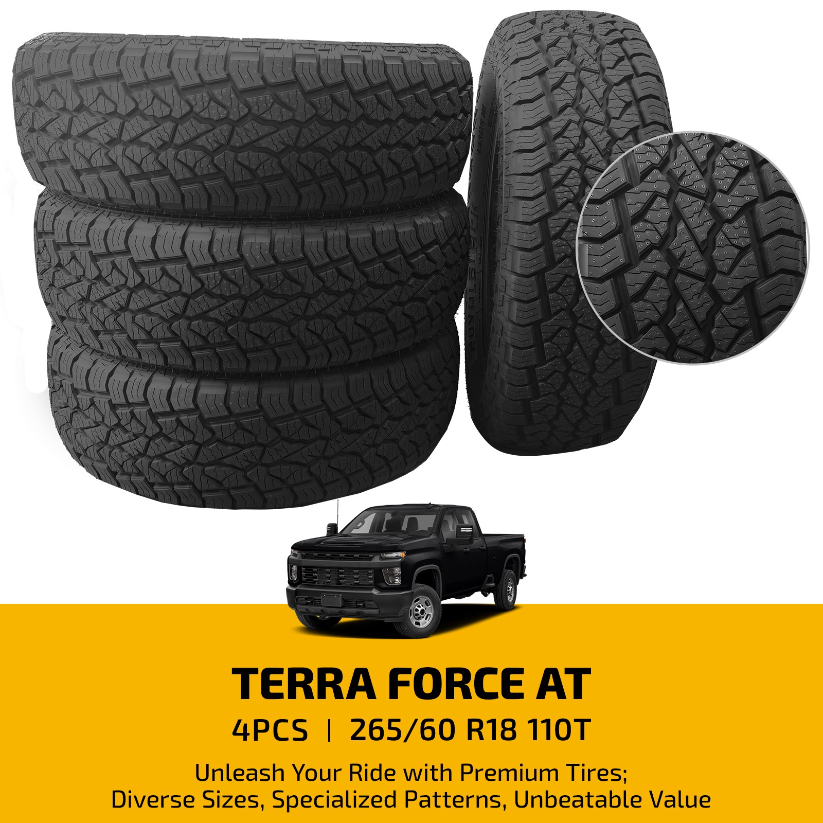 Set of 4 TERRA AT 265/60R18 110T 9.6mm Tread 660AA BSW 50000 Miles Warranty