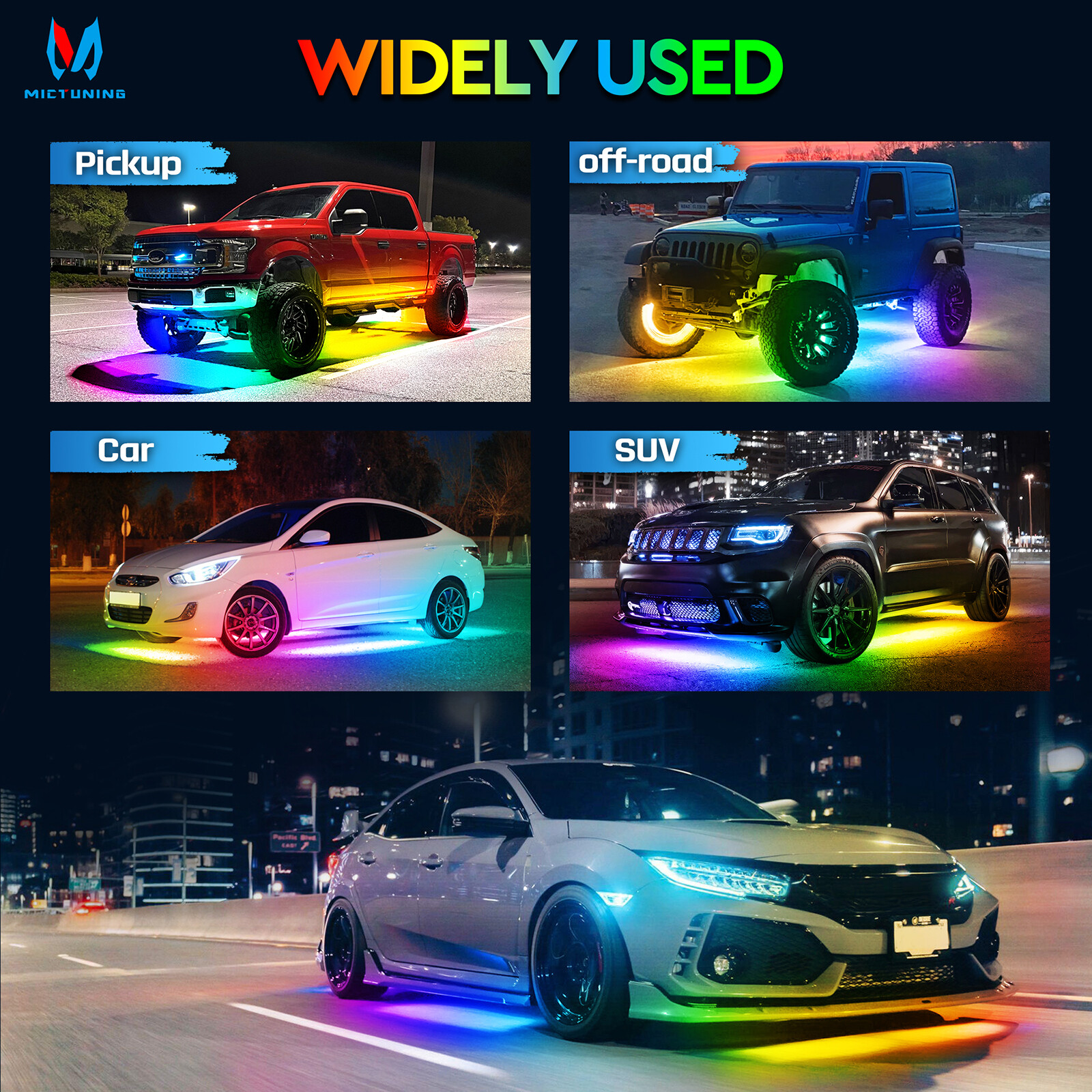 MICTUNING Wireless Car Underglow Led Light Bar Chasing Color, RGB+IC LED Lights