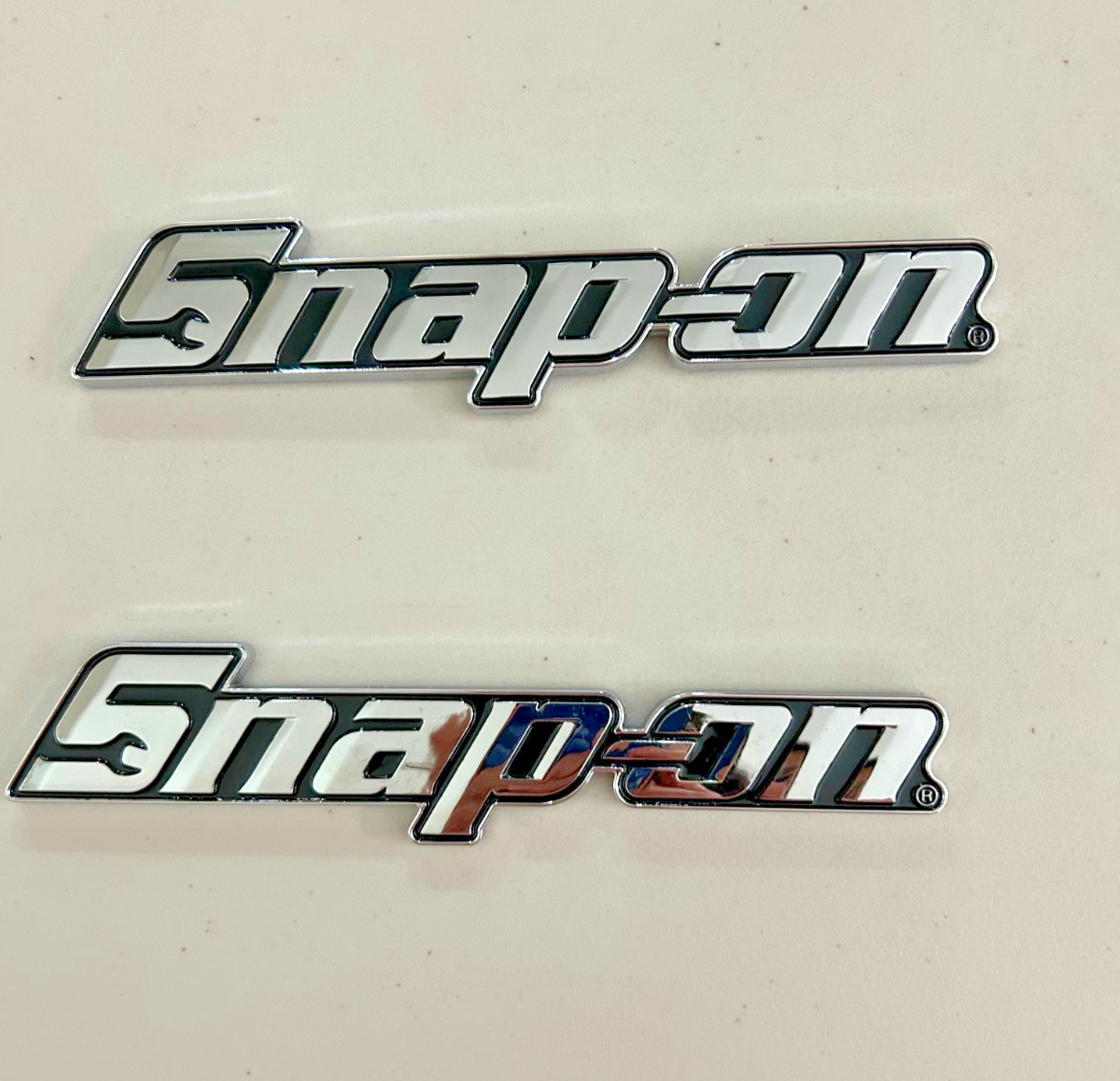 2PCs SNAP-ON TOOL BOX LOGO EMBLEM Chrome Silver Badge Decal 8″ INCH LONG – NEW