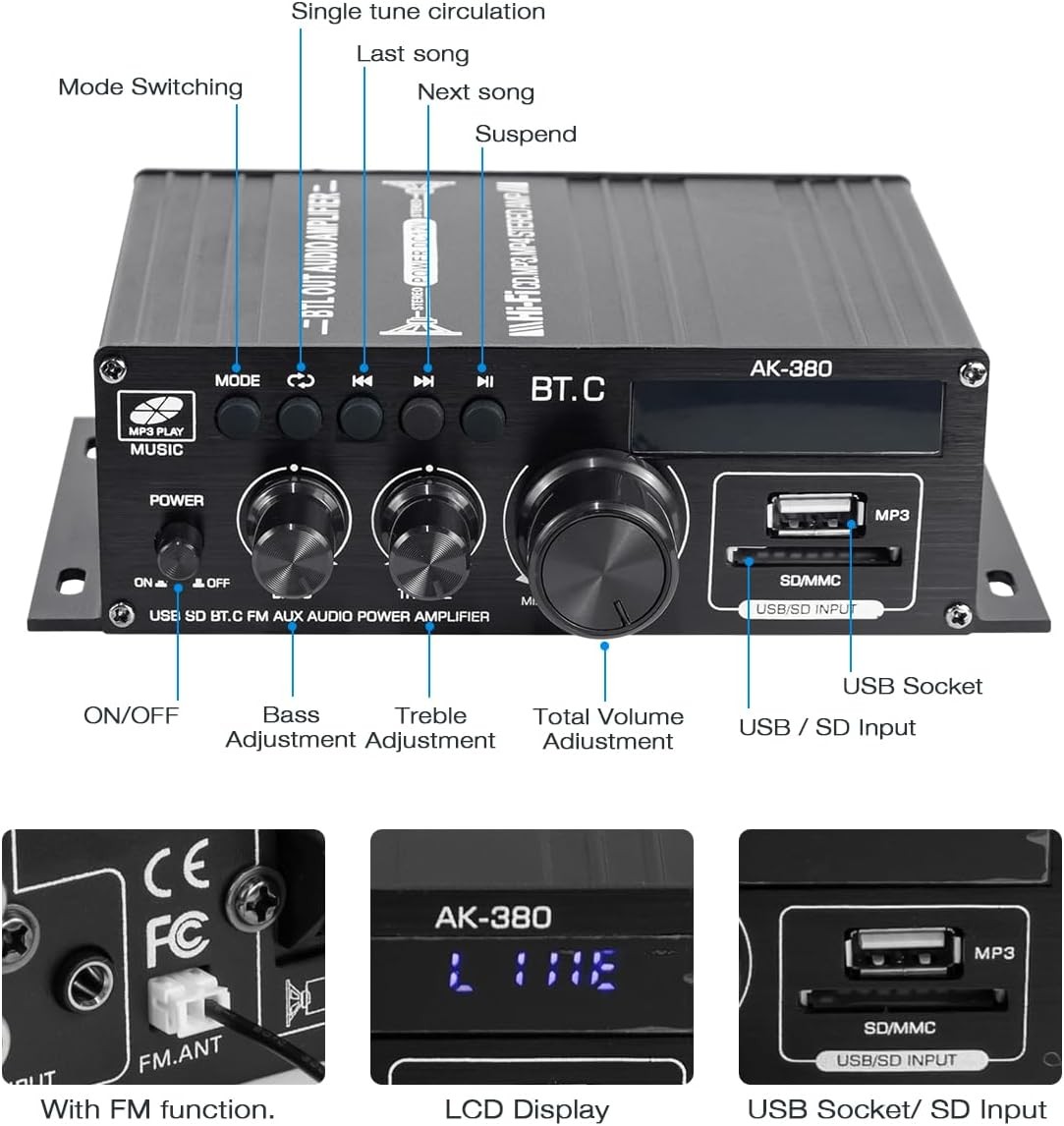 Bluetooth 5.0 Audio Power Amplifier 400W+400W 2.0 CH HiFi Stereo Amp Receiver