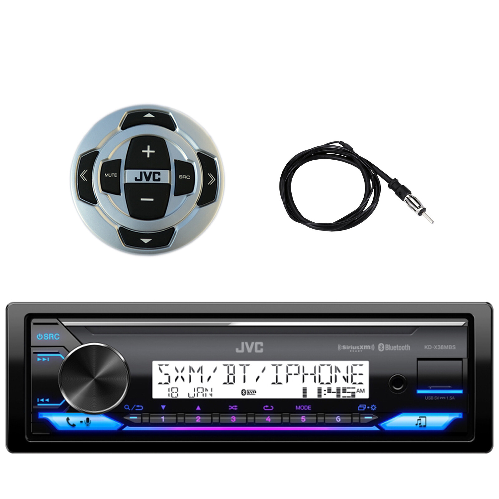 JVC KD-X38MBS Single DIN Bluetooth USB Stereo Receiver, Wired Remote, 40″Antenna