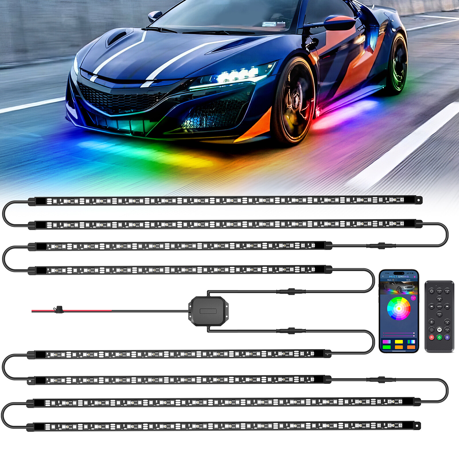 MICTUNING Wireless Car Underglow Led Light Bar Chasing Color, RGB+IC LED Lights