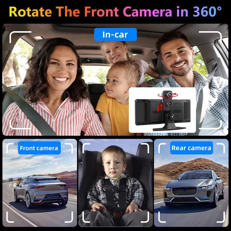 10.26″ 4K Dashcam 360° Rotating Lens Car DVR Wireless Carplay Android Auto GPS