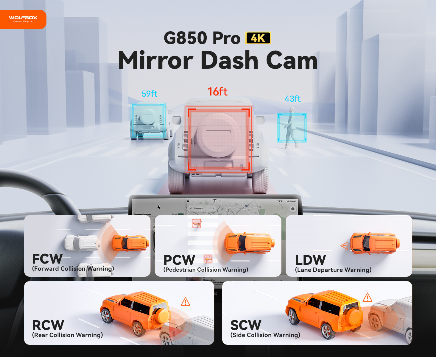 WOLFBOX G850 PRO Rear View Mirror Dash Cam GPS WiFi, Voice Control, ADAS & BSD