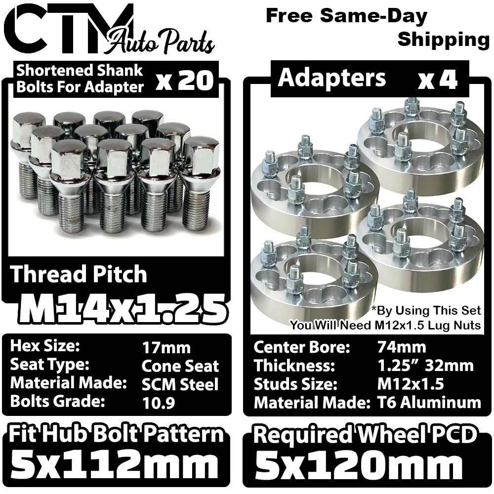 4x 1.25″ Thick 5×112 to 5×120(5×4.75) Wheel Spacer Adapter +Bolts Fit Latest BMW